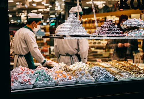 Traditional oriental sweets placed on candy shop showcase