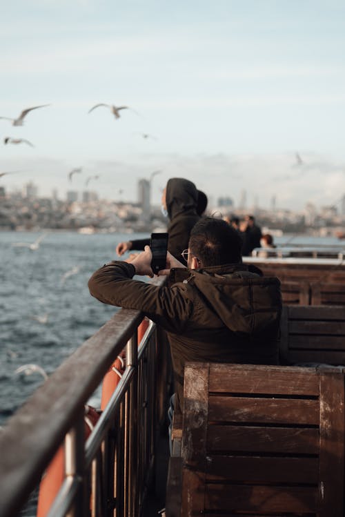 Free Unrecognizable passenger taking photo of seabirds on smartphone from ferryboat Stock Photo