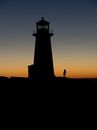 Unrecognizable tourist silhouette against lighthouse at sunset