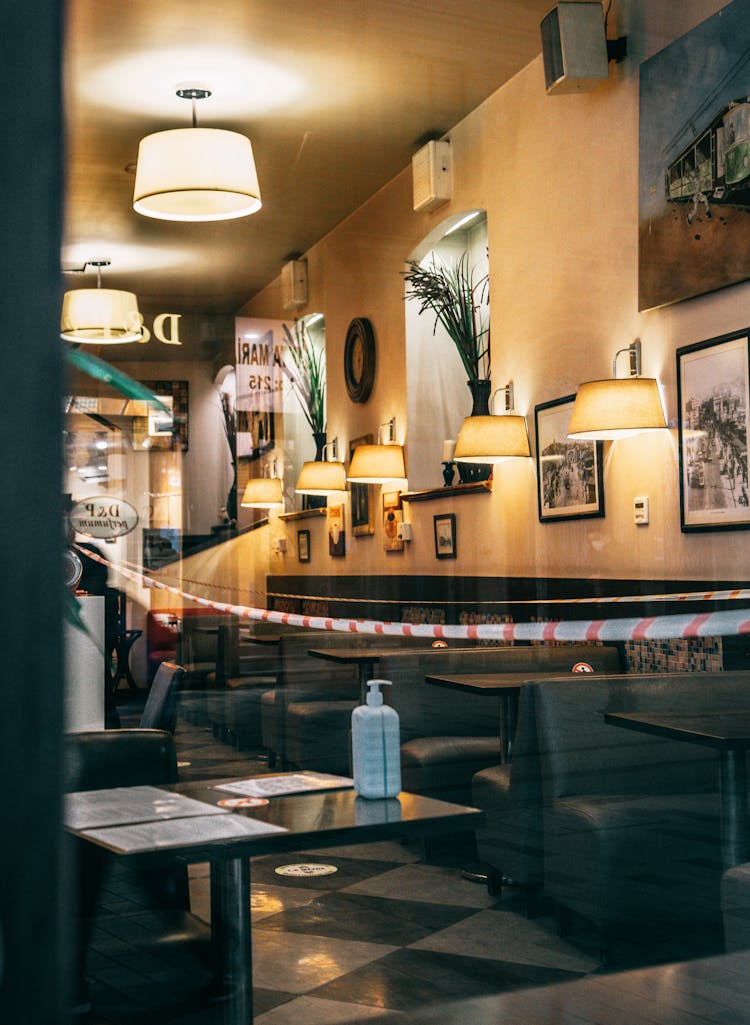 Cozy Cafe Interior With Regulation Stop Tape During Isolation Period