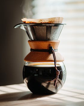 Steam rising from freshly brewed coffee in a rustic pour-over setup, capturing morning sunlight.
