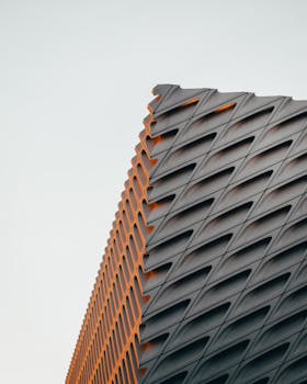 Close-up of contemporary building with geometric design in Los Angeles, CA.