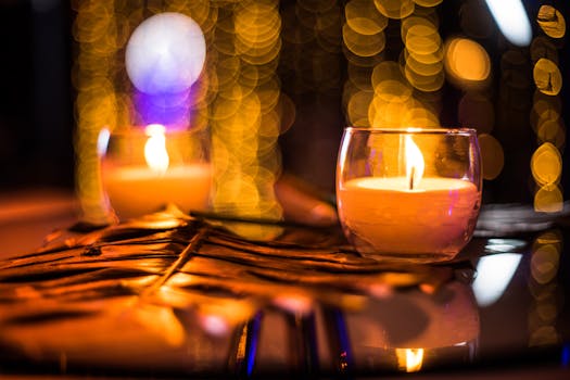 Close-up of a candle with a blurred bokeh background, creating a warm, cozy atmosphere.