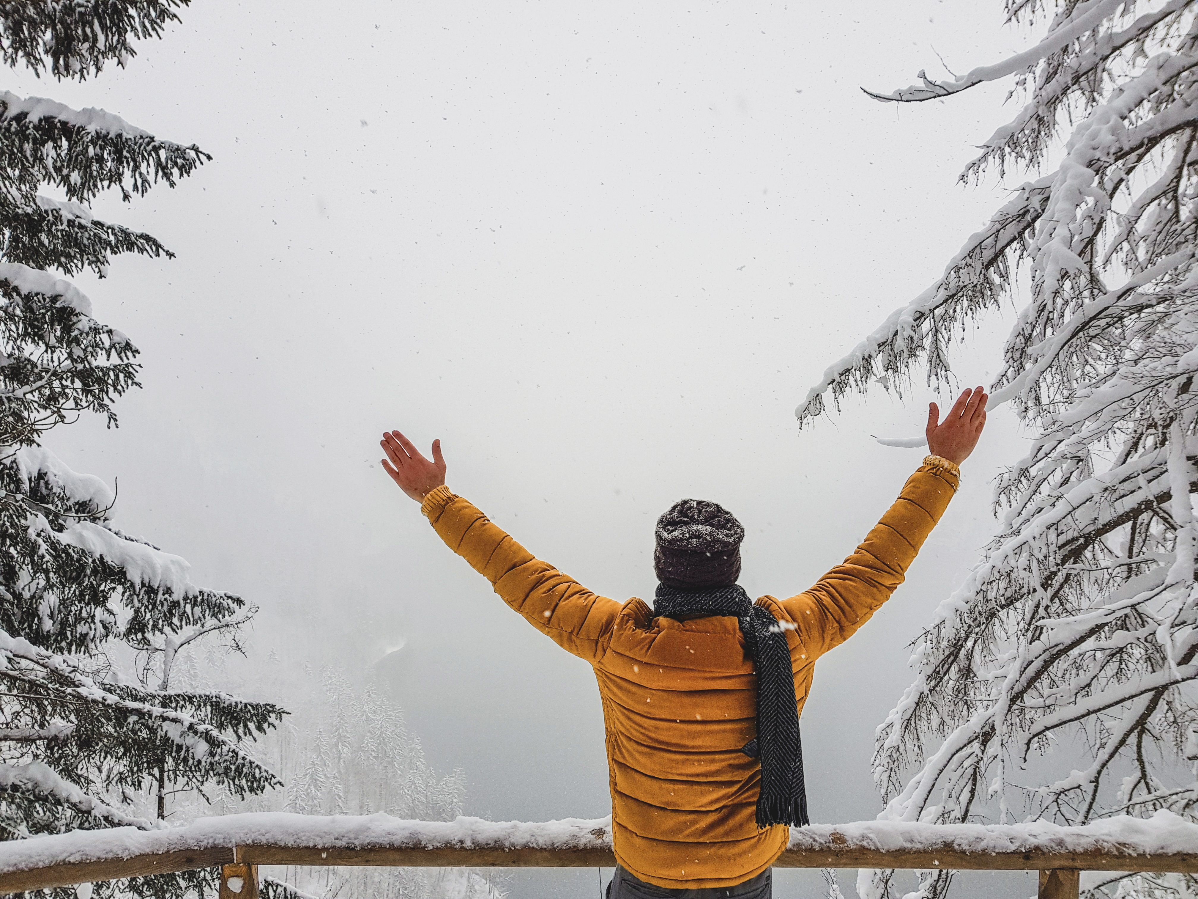 Man wearing yellow jacket in a winter landscape