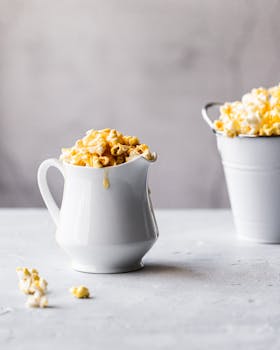 Delicious caramel popcorn served in elegant ceramic and metal pitchers, perfect for snacking.