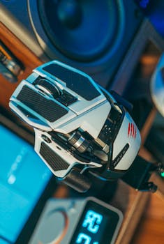 Close-up of a high-tech gaming mouse on a stylish desk setup, emphasizing modern design and technology.