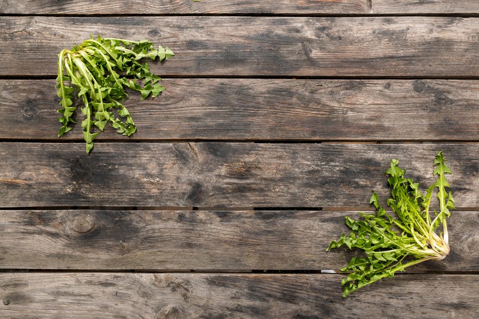 A bunch of jagged-edged dandelion greens with long stems laid on a wooden cutting board next to a knife.