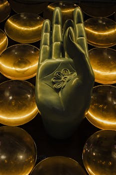 A striking sculpture of a hand with a flower symbol, surrounded by glowing golden discs.