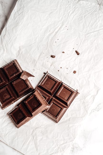 Dark chocolate squares and pieces arranged on white parchment paper