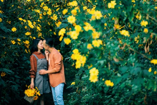 Side view of romantic Asian couple with bouquet of flowers in basket caressing and hugging while standing near blossoming tree with yellow flowers