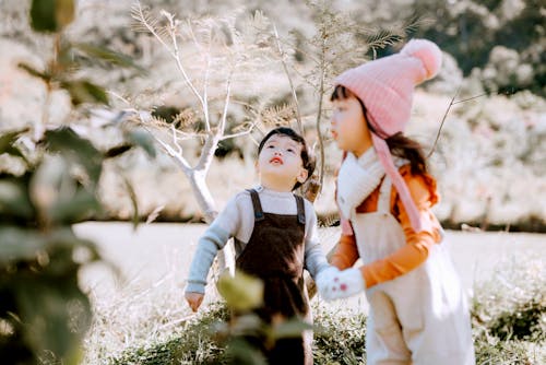 Little Asian boy and girl wearing overalls playing in countryside on grassy terrain with bushes in sunny nature on blurred background