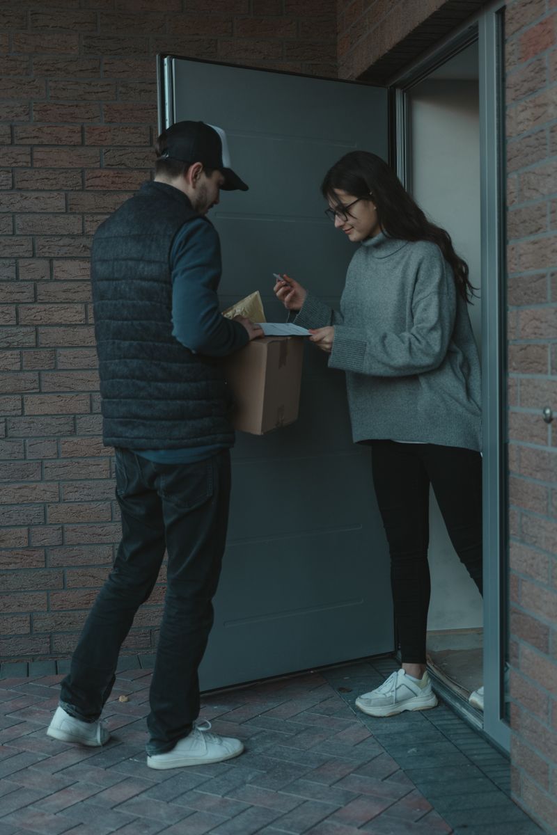 Foldly courier handing a fresh laundry bag to a customer at her door