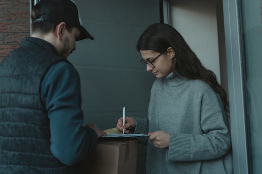 A woman signs for a package delivered by a courier at her doorstep, showcasing home delivery service.