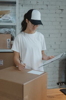 Woman in a warehouse organizing shipments with clipboard and packages.