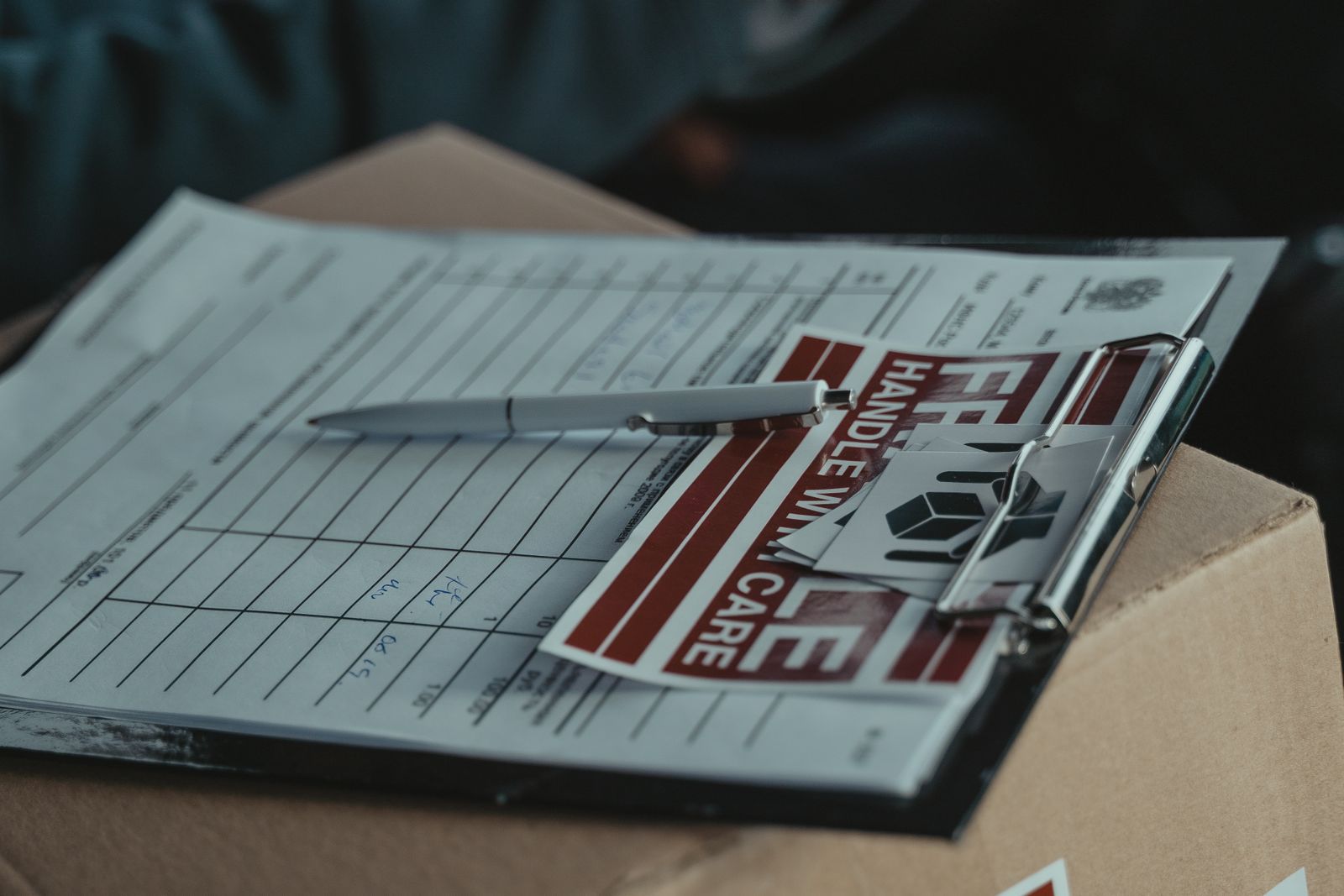 A clipboard of shipping forms and a pen resting on a cardboard box