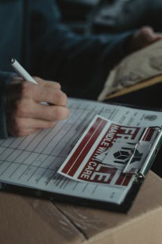 Person writing on clipboard with fragile sticker, emphasizing logistics documentation.