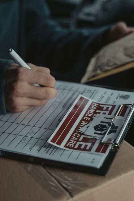 Person writing on clipboard with fragile sticker, emphasizing logistics documentation. Person writing on clipboard with fragile sticker, emphasizing logistics documentation.