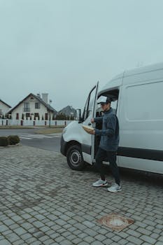 A delivery worker in casual attire carrying a parcel from a white van on a suburban street.