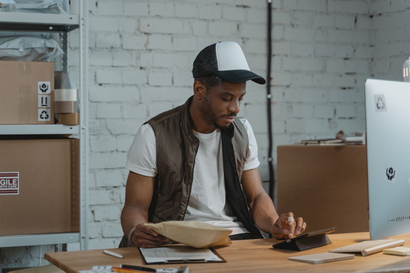 Logistics worker using a digital tablet