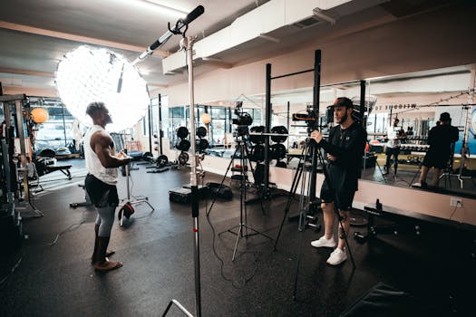 Behind the scenes of a fitness documentary being filmed in a gym with professional lighting equipment.