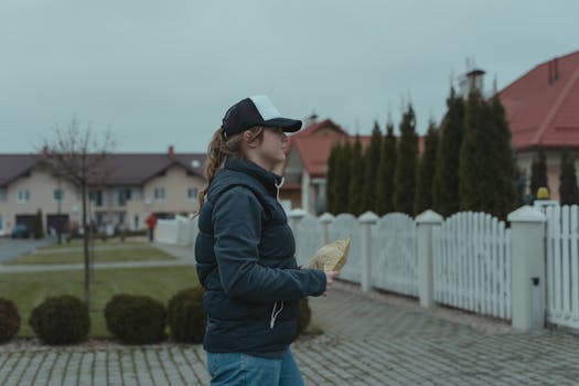 Side view of a woman courier delivering a package in a suburban neighborhood.
