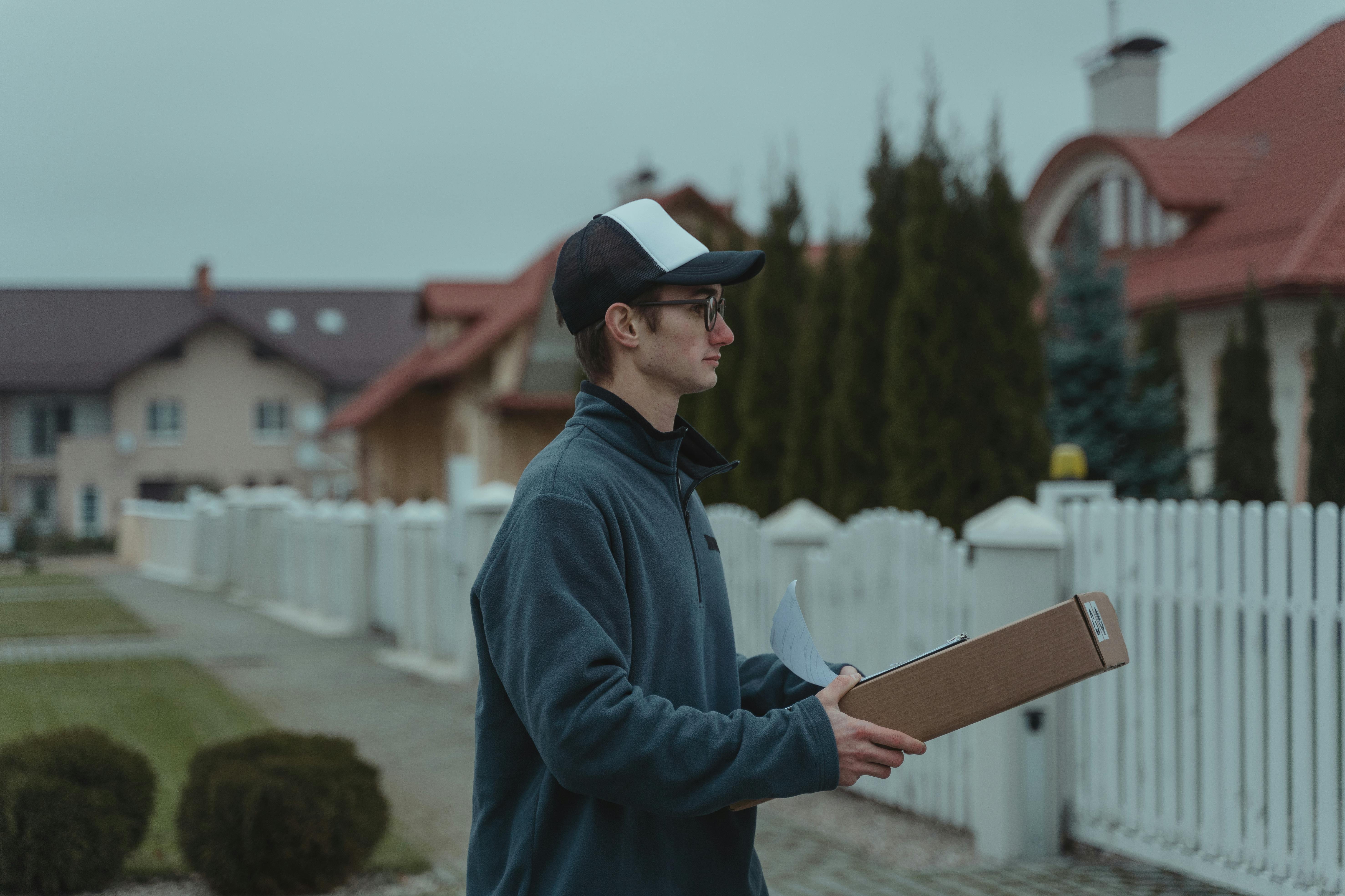 Desert Star HVAC — Young courier delivering a package in a suburban neighborhood, wearing a cap and holding a clipboard.