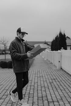 A young male courier carrying a box during a delivery in a residential area.