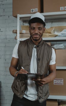 African American courier smiling while managing shipments in a warehouse with shelves and packages.