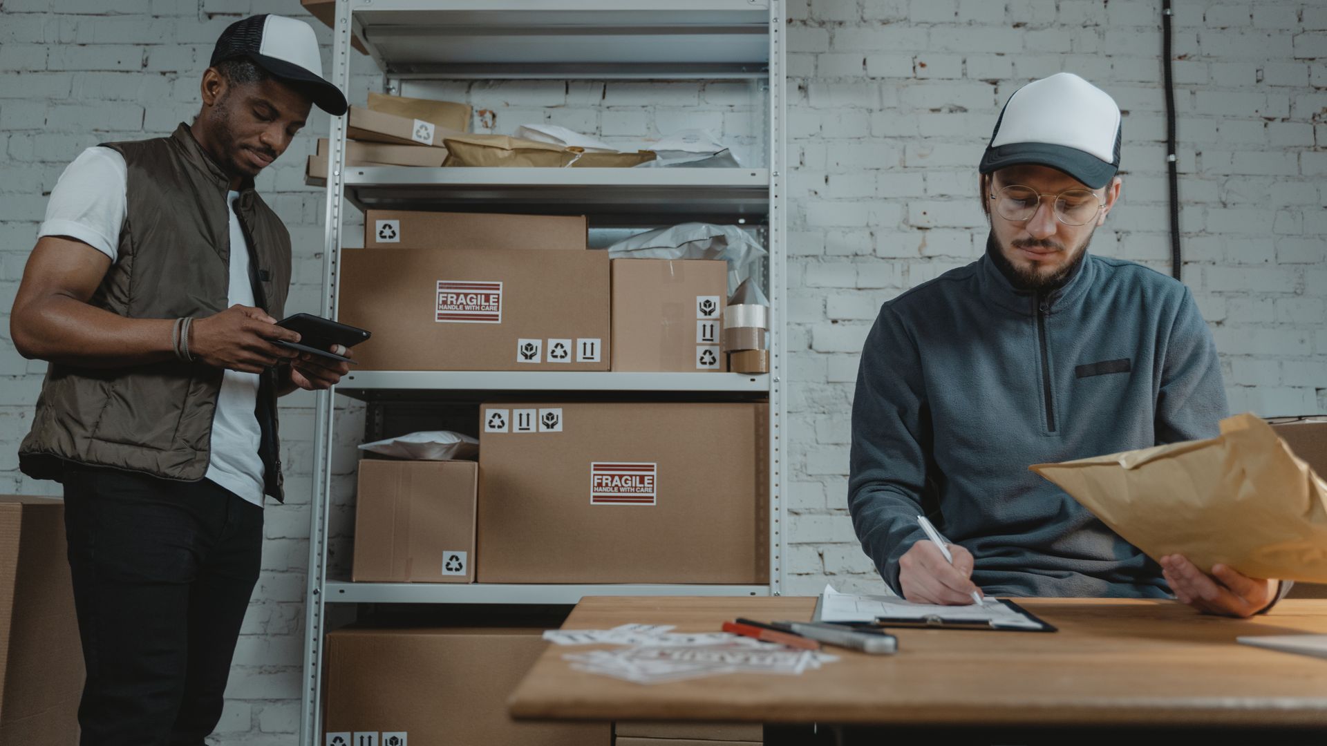 Warehouse employees organizing shipments with packages and documentation in a brick-walled workspace — logistics business category classification