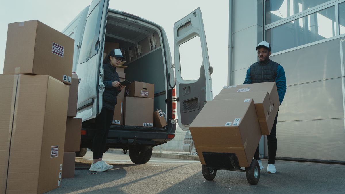Two delivery workers loading parcels into a van