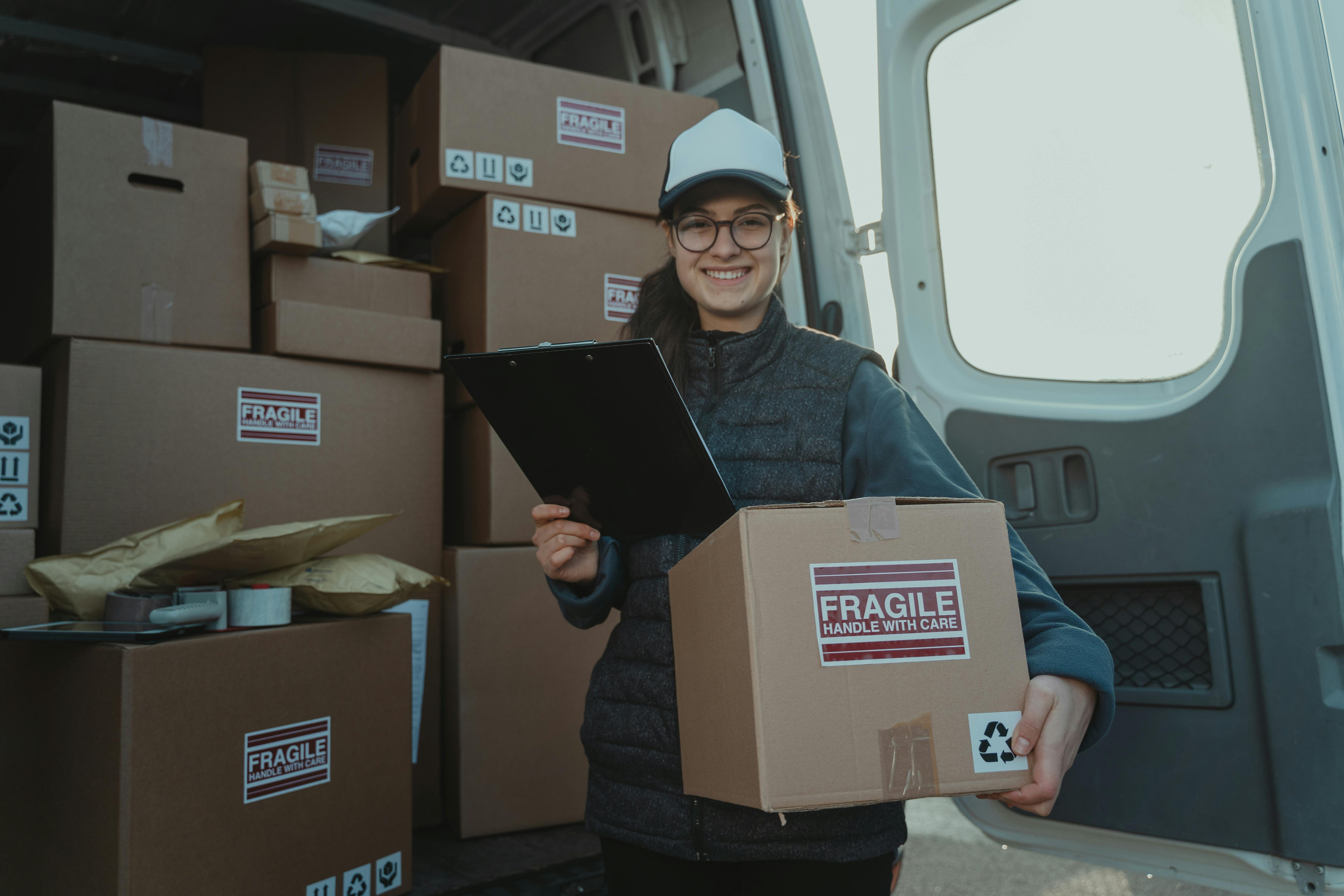 female courier carrying a box and holding a clipboard