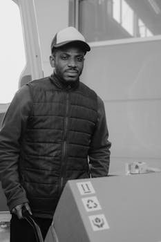 Monochrome image of a delivery man in a vest standing by a van with packages.