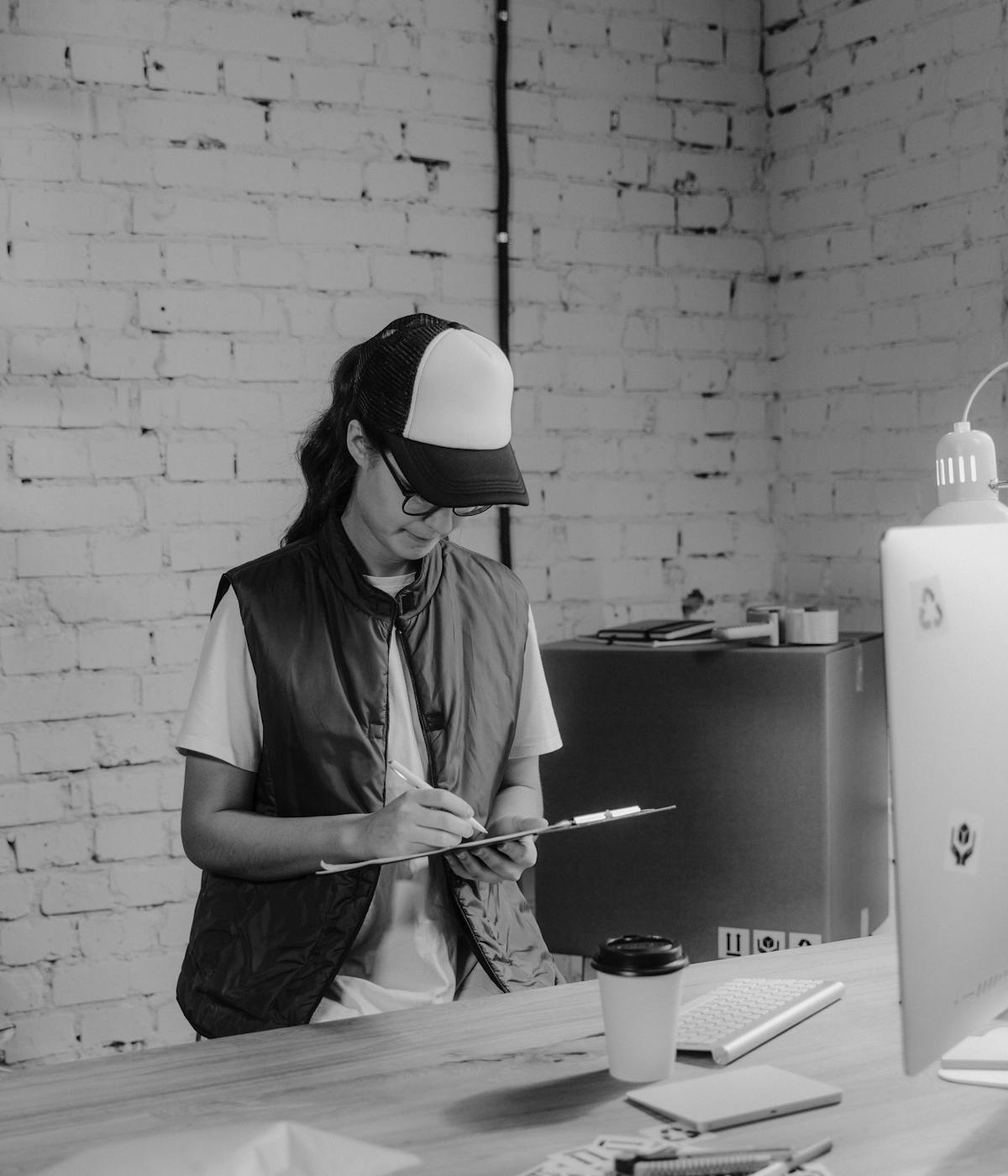 Black and white photograph of a female employee, standing behind at a desk and holding a clipboard.