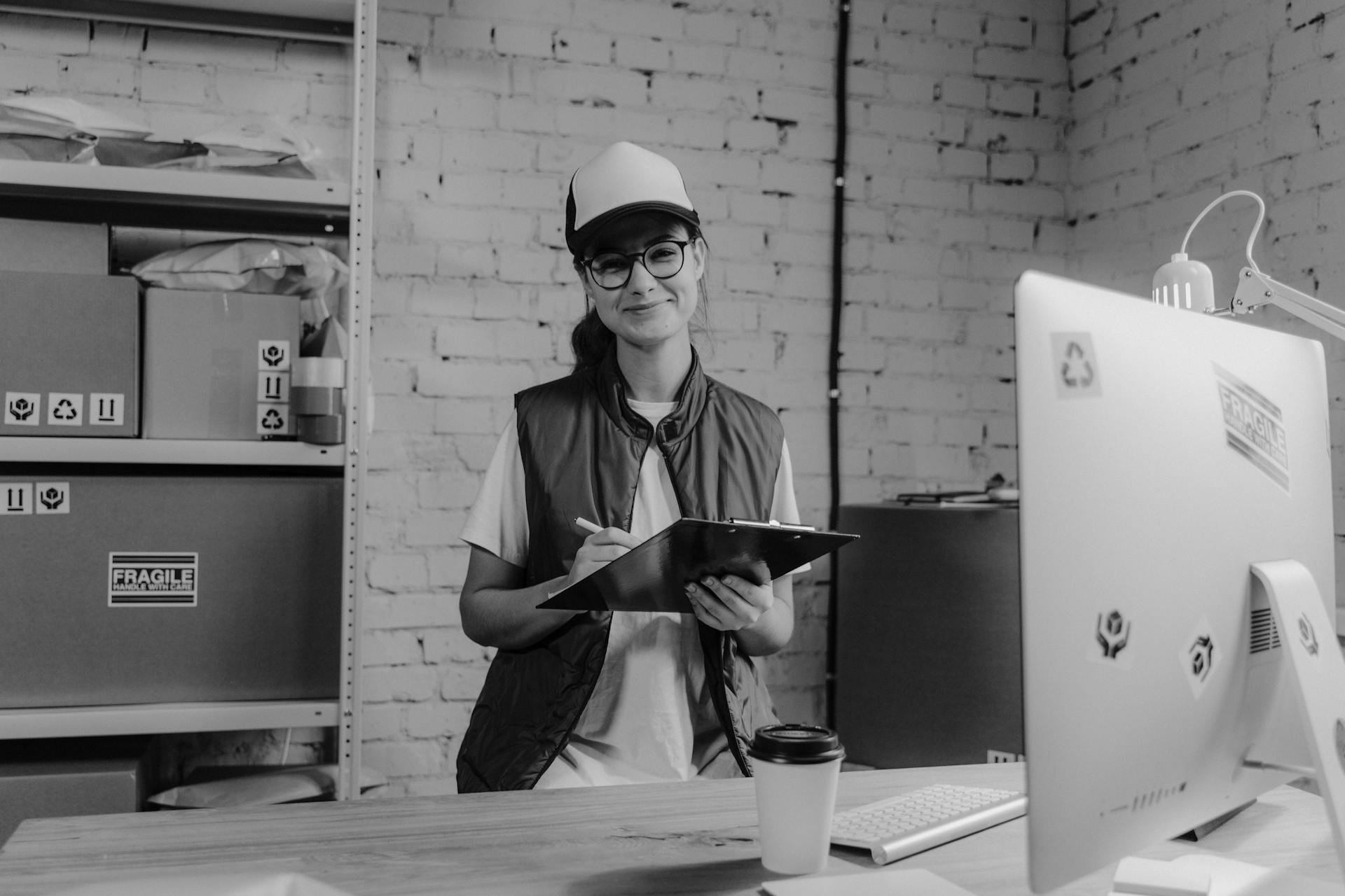 A smiling woman in a logistics office holding a clipboard, wearing casual attire.