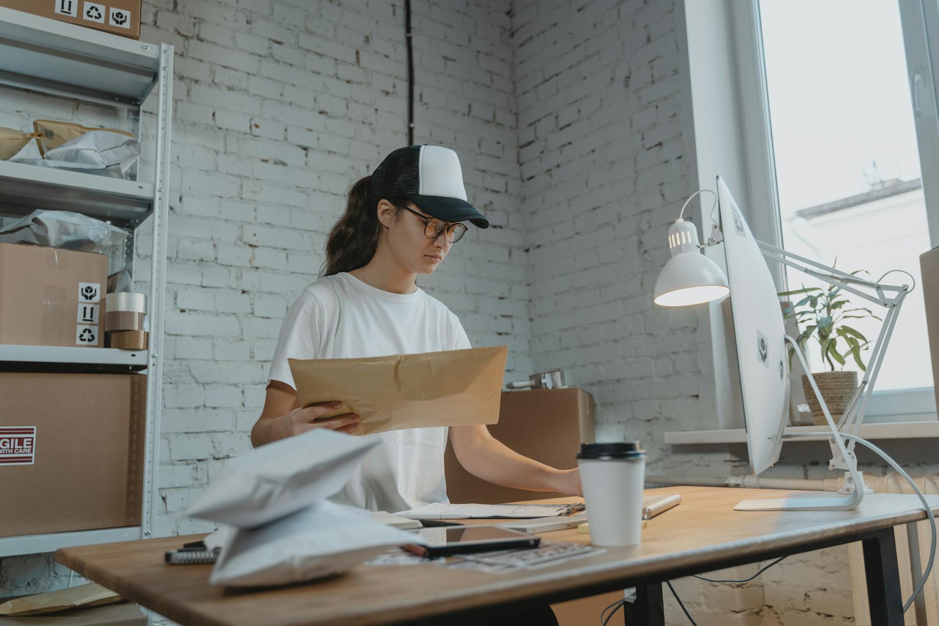 Young woman sorting packages at a modern workspace, focusing on logistics and office duties.