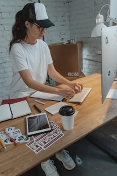 A focused young woman typing at a desk in a modern creative office.