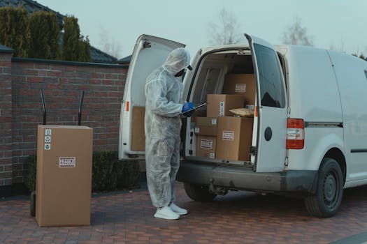 Delivery worker wearing PPE loads packages into a van with fragile labels for shipment.