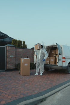 A delivery person in protective gear unloading packages from a van outdoors.