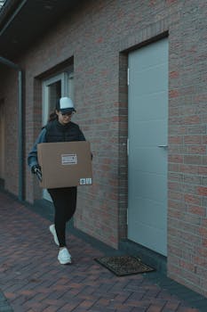 Courier wearing a cap and gloves delivering a cardboard box to a residential doorstep.