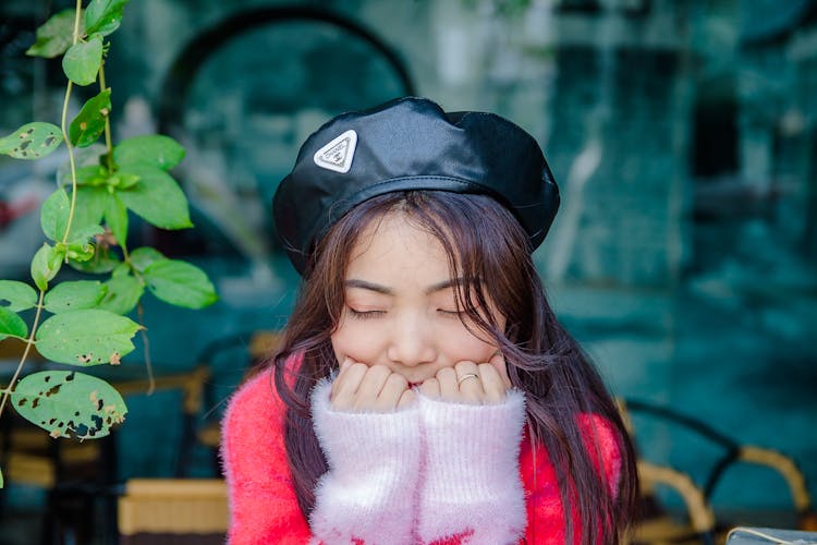 Woman In Fluffy Sweater And Beret