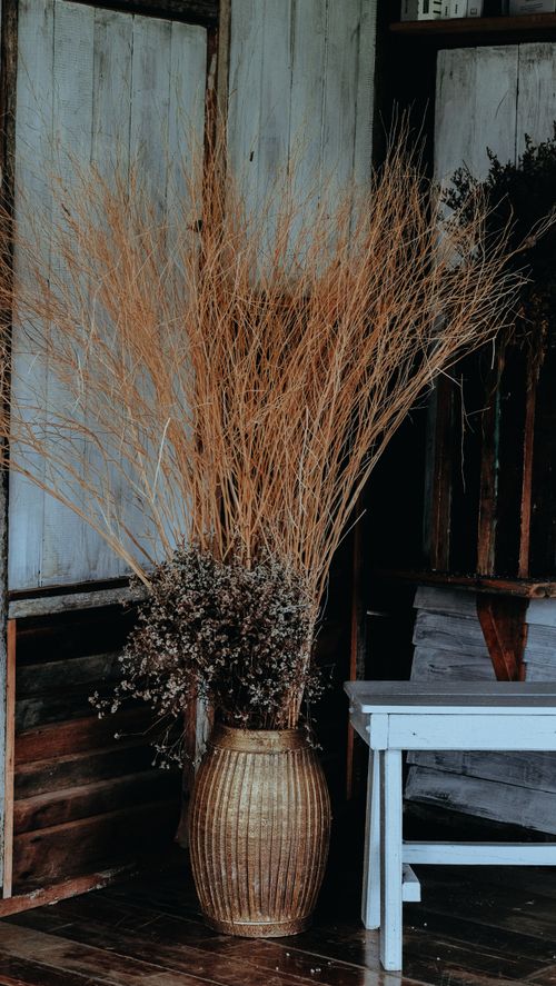 Free A beautifully arranged vase of dried flowers in a rustic interior setting, adding a touch of vintage charm. Stock Photo