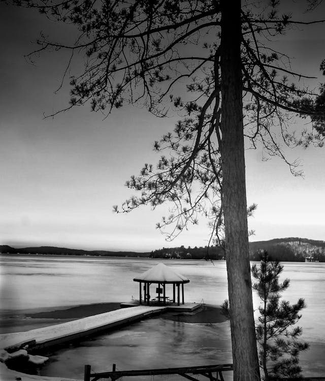 
A Grayscale of a Gazebo on a Pier