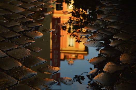 Artistic reflection of a building in a puddle on wet cobblestones. Captures urban scenery and textures.