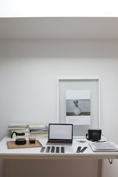 Modern indoor office desk setup with laptop, coffee, books, and minimal decor.