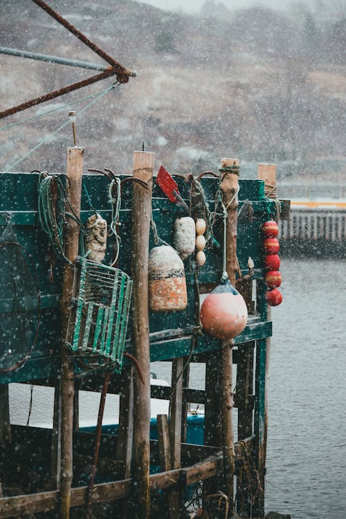 Fishing Equipment Hanging on the Wooden Dock