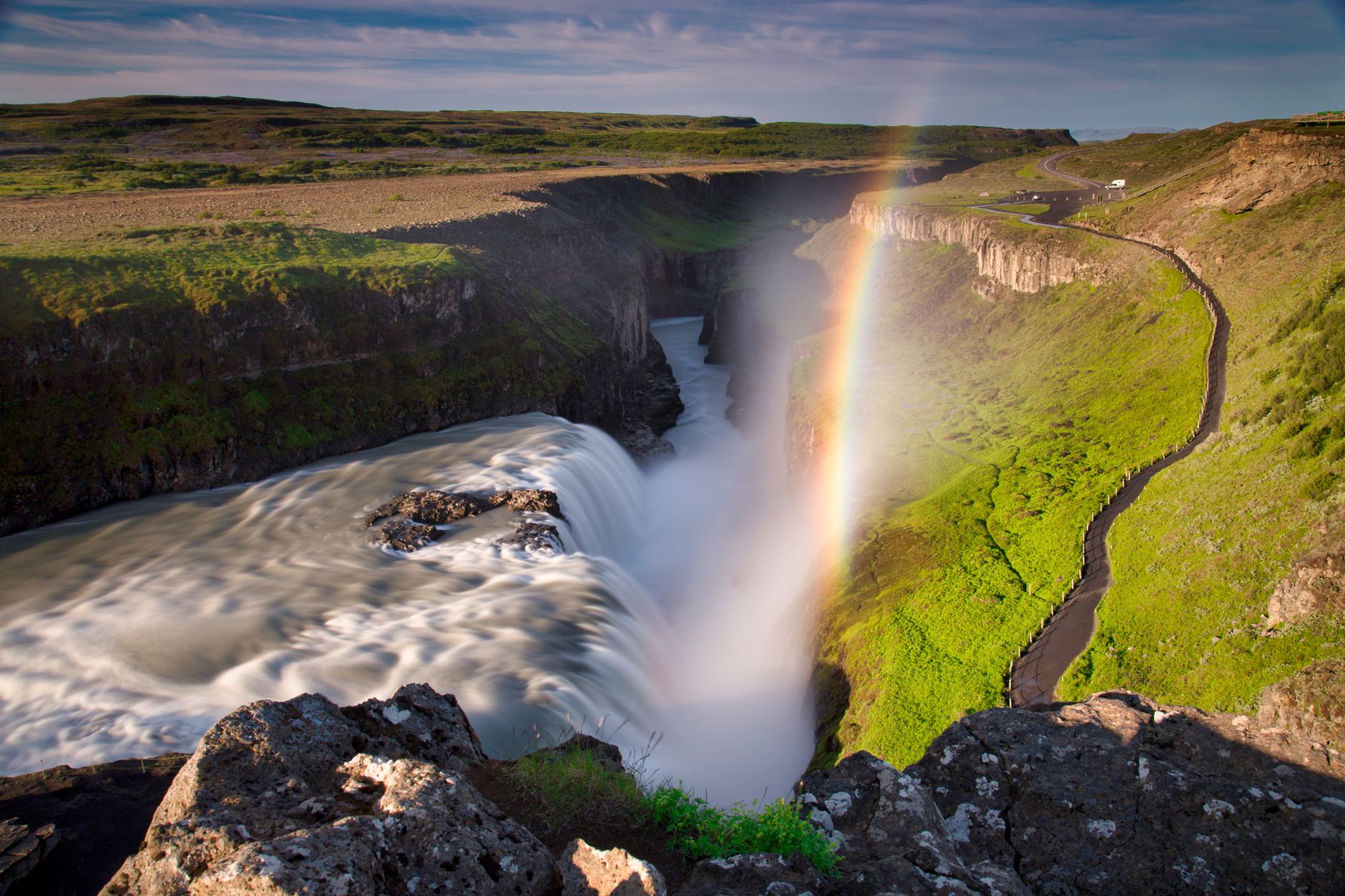Two-tier Gullfoss waterfall in golden light