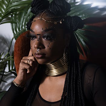 Striking headshot of a woman with braided hair and expressive face adornments in moody lighting.