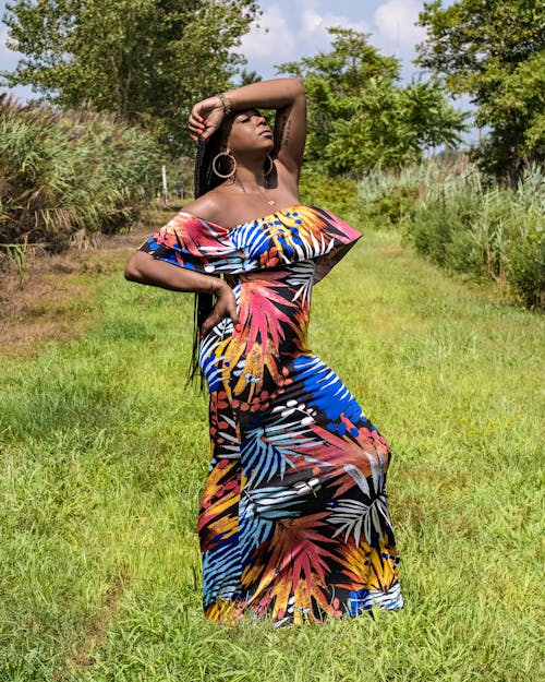 Gratis lagerfoto af afroamerikansk, blomstret kjole, elegant