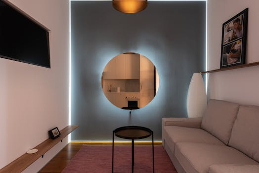 Contemporary living room showcasing minimalist design with unique circular mirror lighting effect.