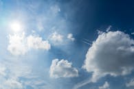 蓬松的白云映衬着明亮的蓝天，构成了一幅宁静的景色，非常适合自然和天气主题的项目